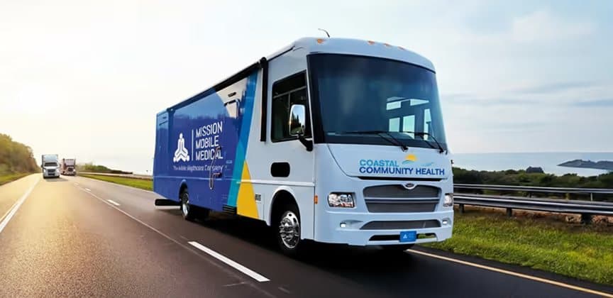 A mobile medical unit travelling to its next stop