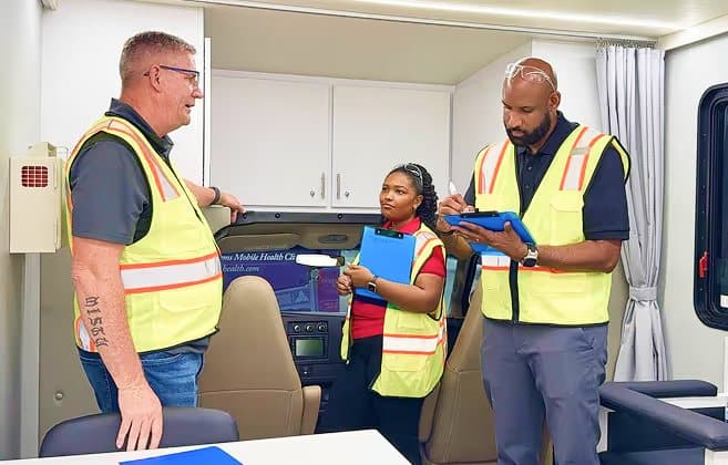 An instructor running operator training inside a mobile unit